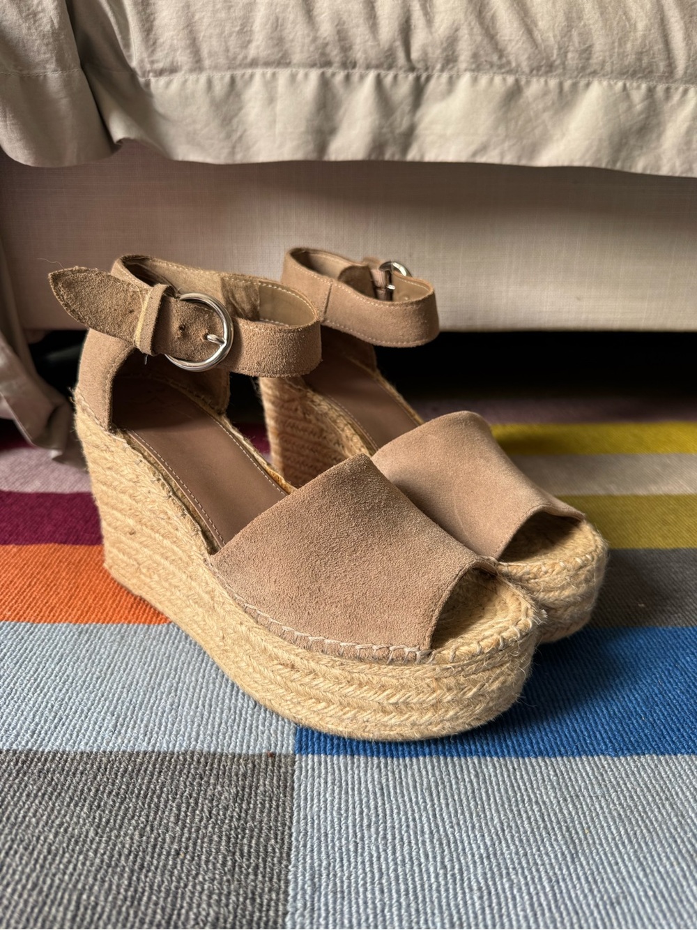 Marc Fisher Tan Suede Espadrille Platform Wedges with Ankle Strap